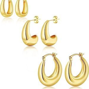 Women,  3 Pairs Chunky Gold Hoop 14k Gold Plated Dainty Gold Earrings Sets